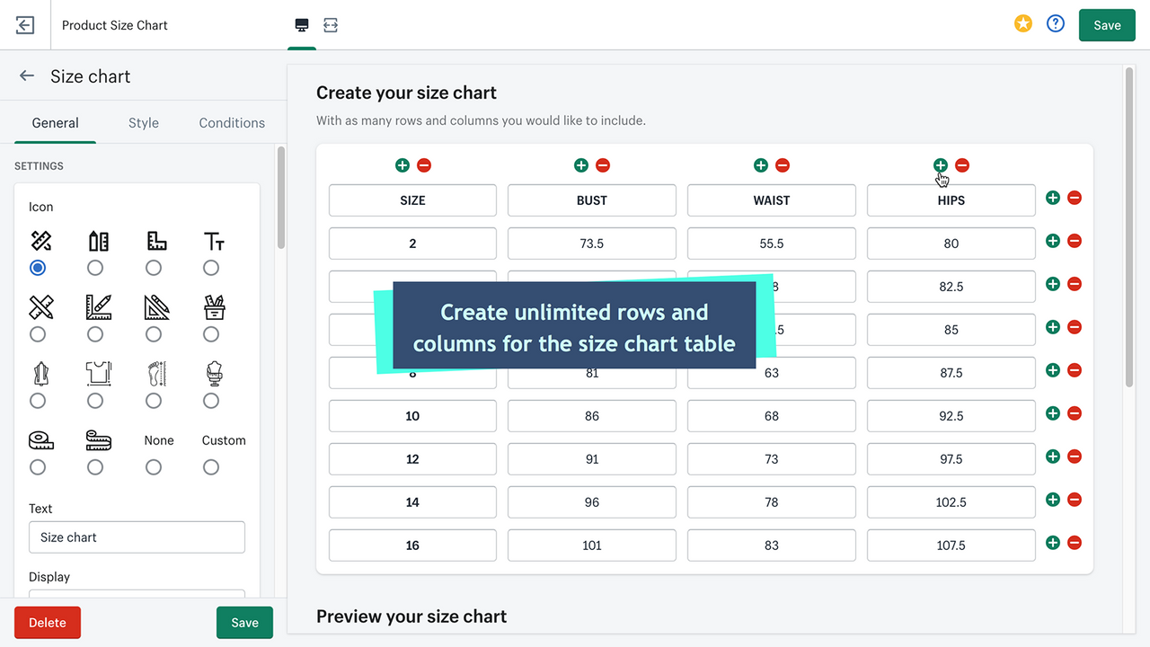 Product size chart