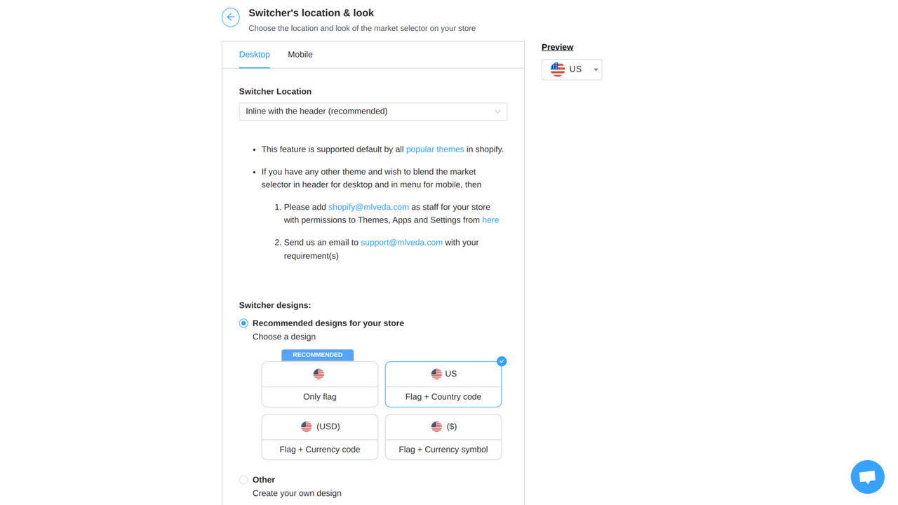 Market Selector Location settings