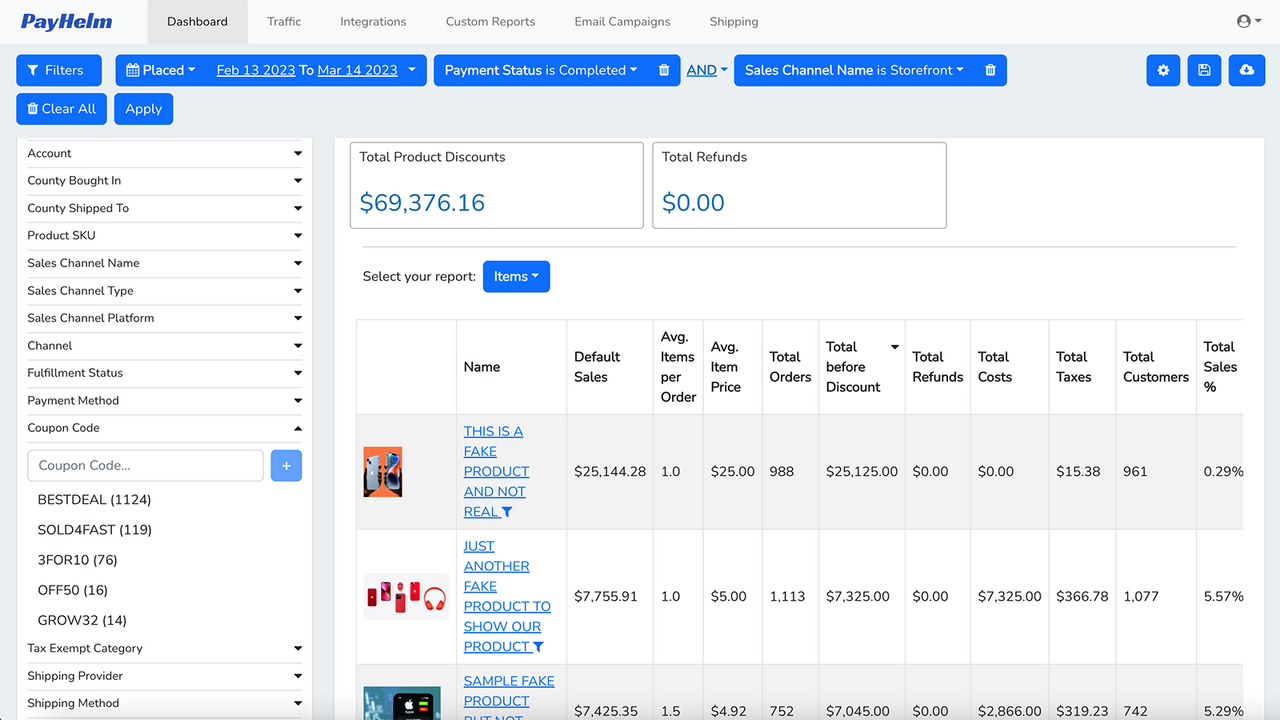 Export top performing products by sales, fees, profits, & more