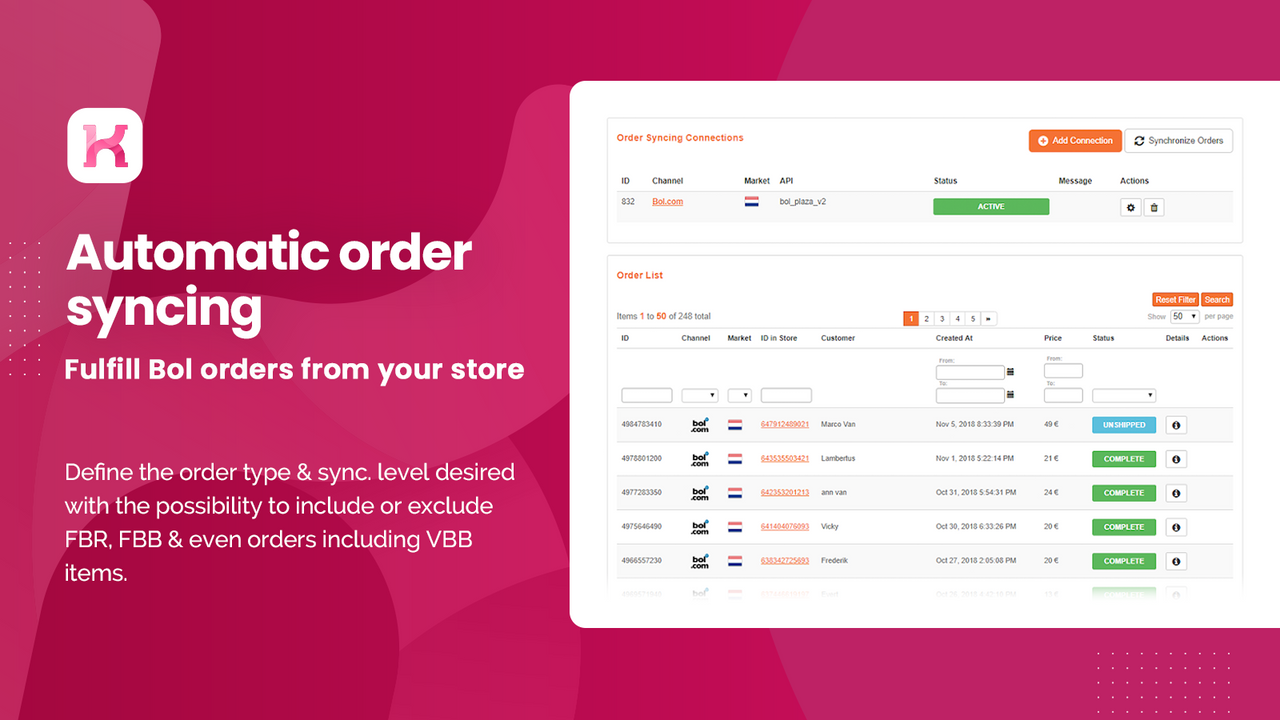 Koongo Bol order management, sync. level, FBB, FBR, VVB