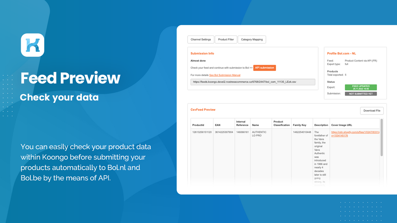 Koongo Bol feed preview, ean, title, price, review, submission