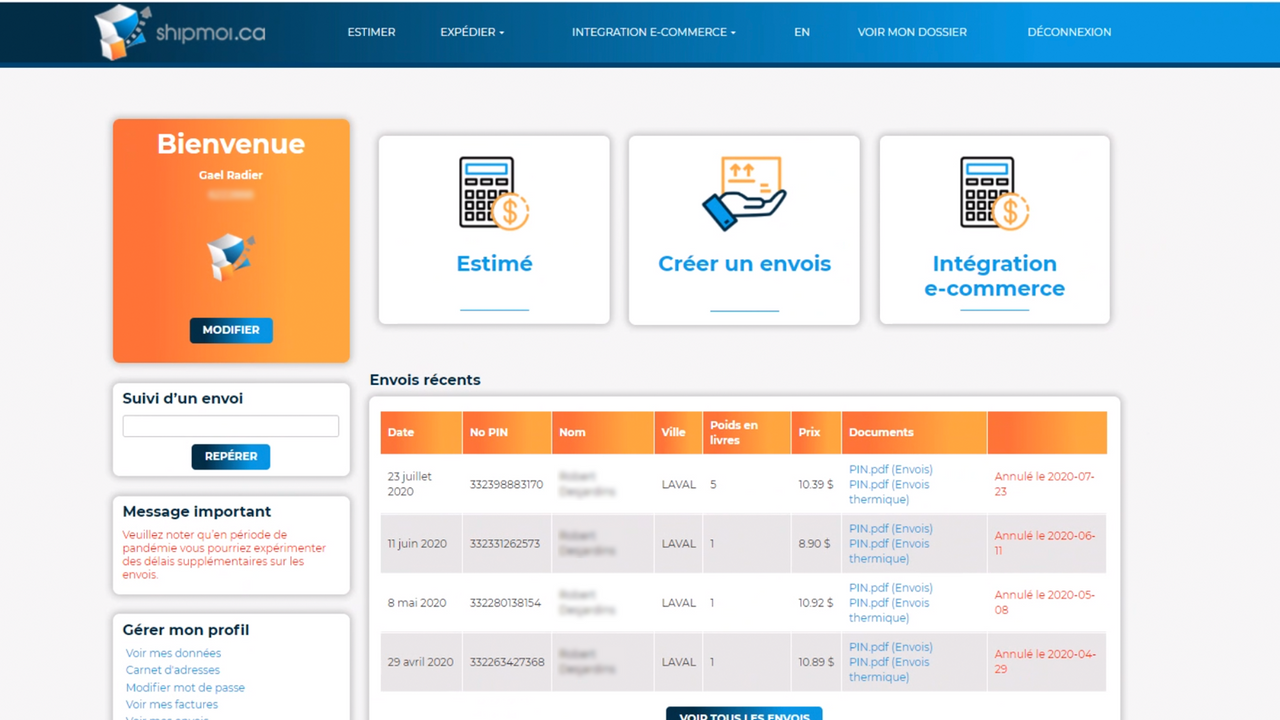 Linking to the Shipmoi.ca app to manage your labels