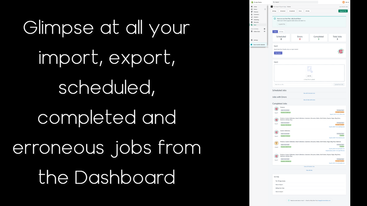 Import and Export Dashboard. View jobs and schedules.