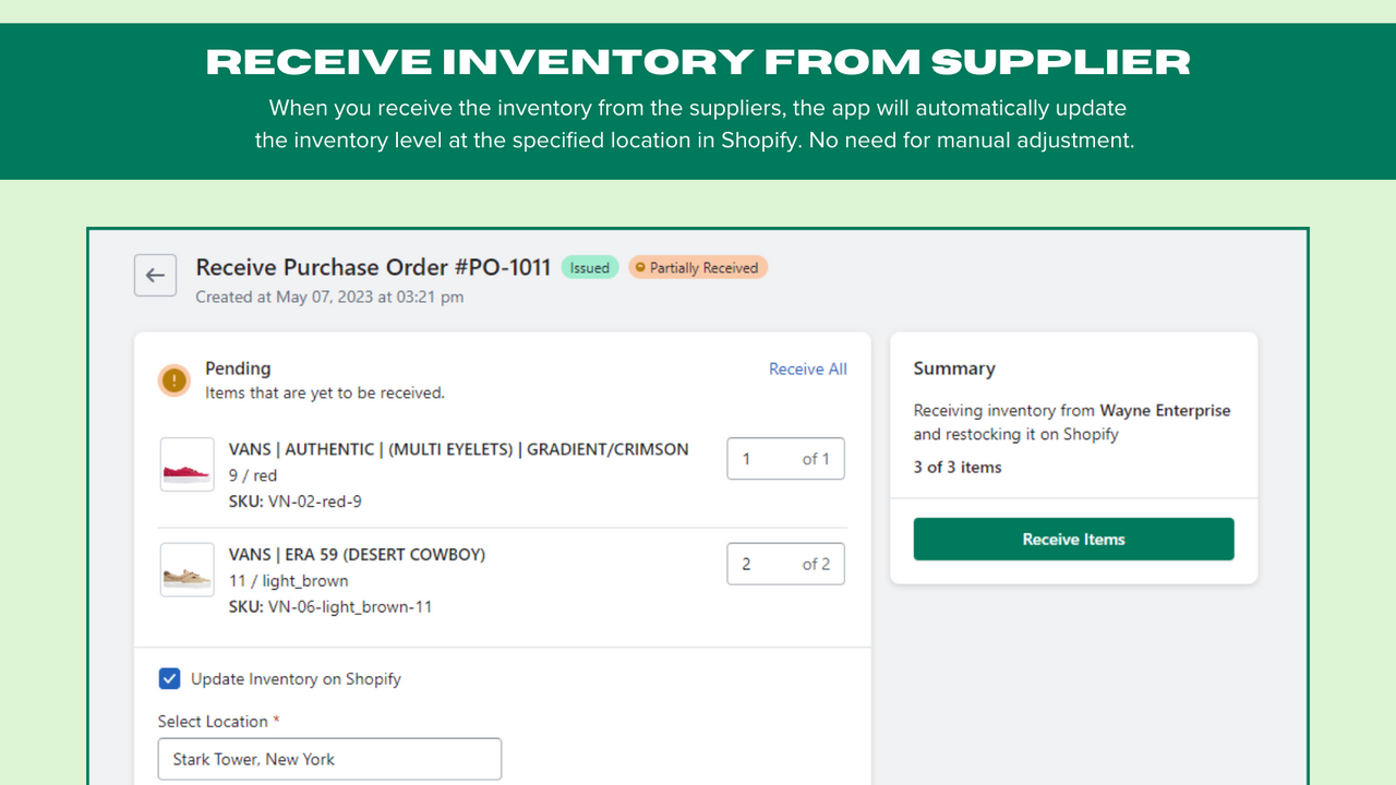 Receive Inventory & Transfer it to Shopify with a single click.