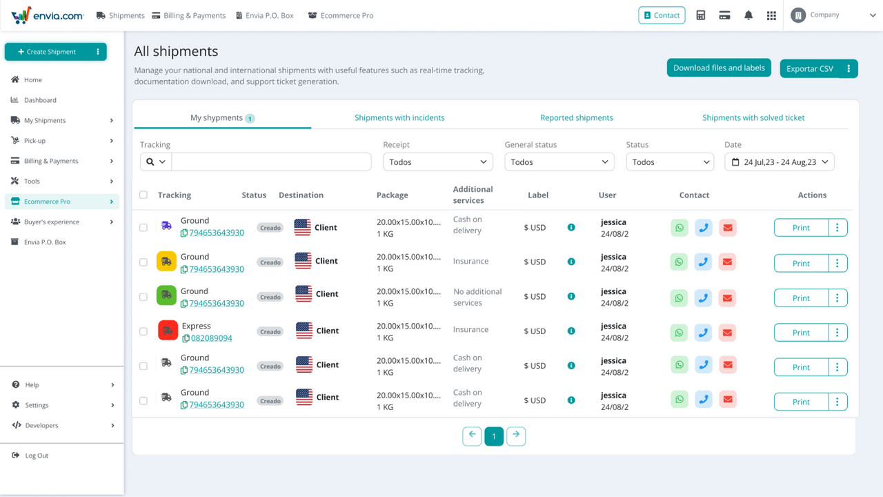 Shipment History - Envia Shipping and Fulfillment