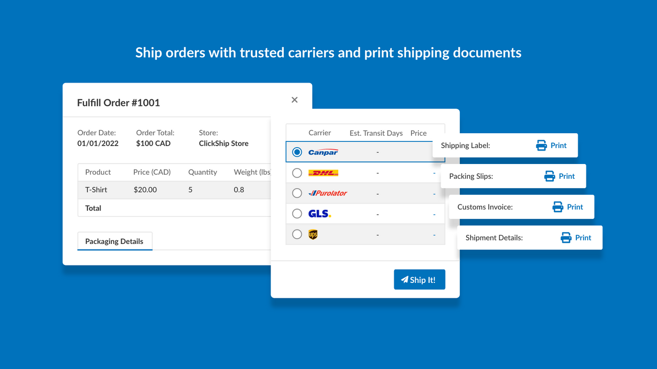 Ship orders with trusted carriers and print shipping documents