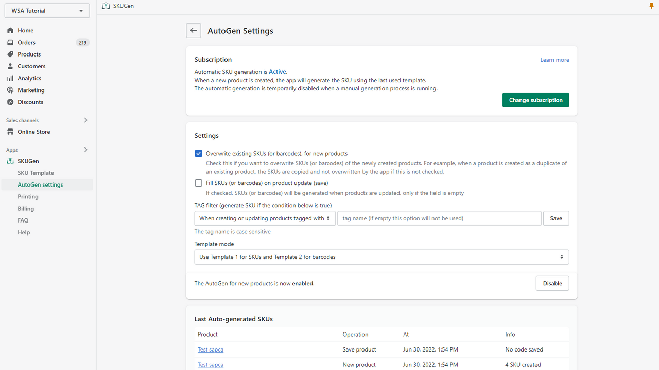 SKU Automatic generation settings page