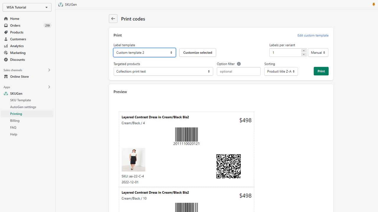 SKUGen Product label printing page