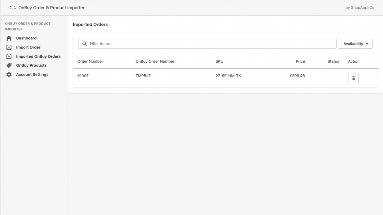 Image showing an imported order displayed in a table