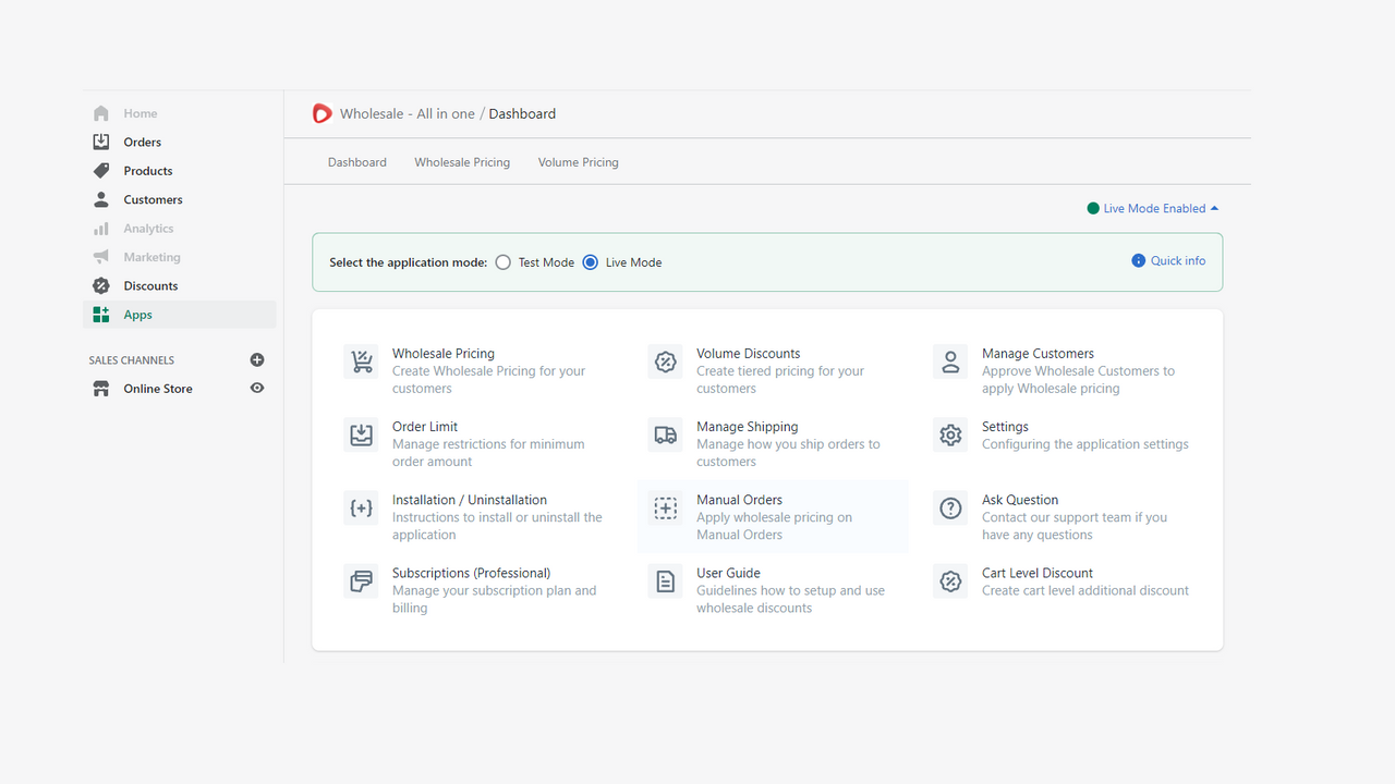 Wholesale All In One application dashboard