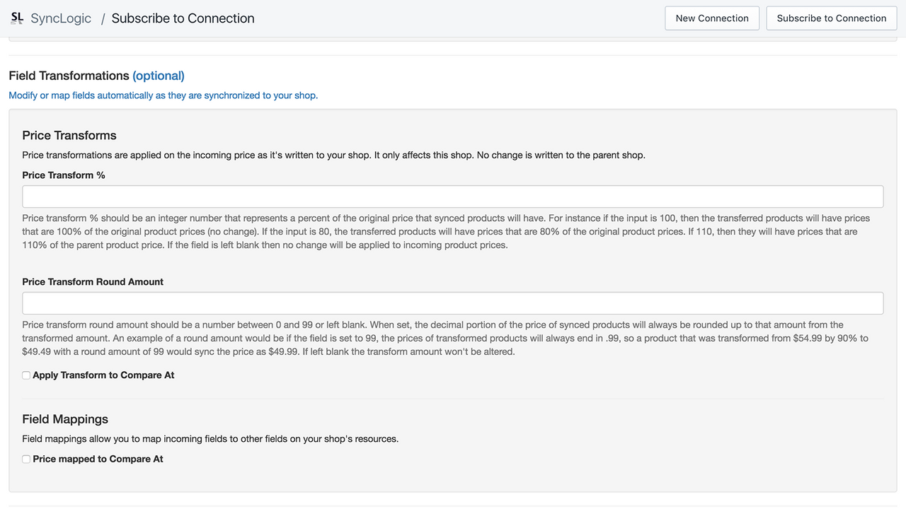 Optional field transforms when subscribing to a connection