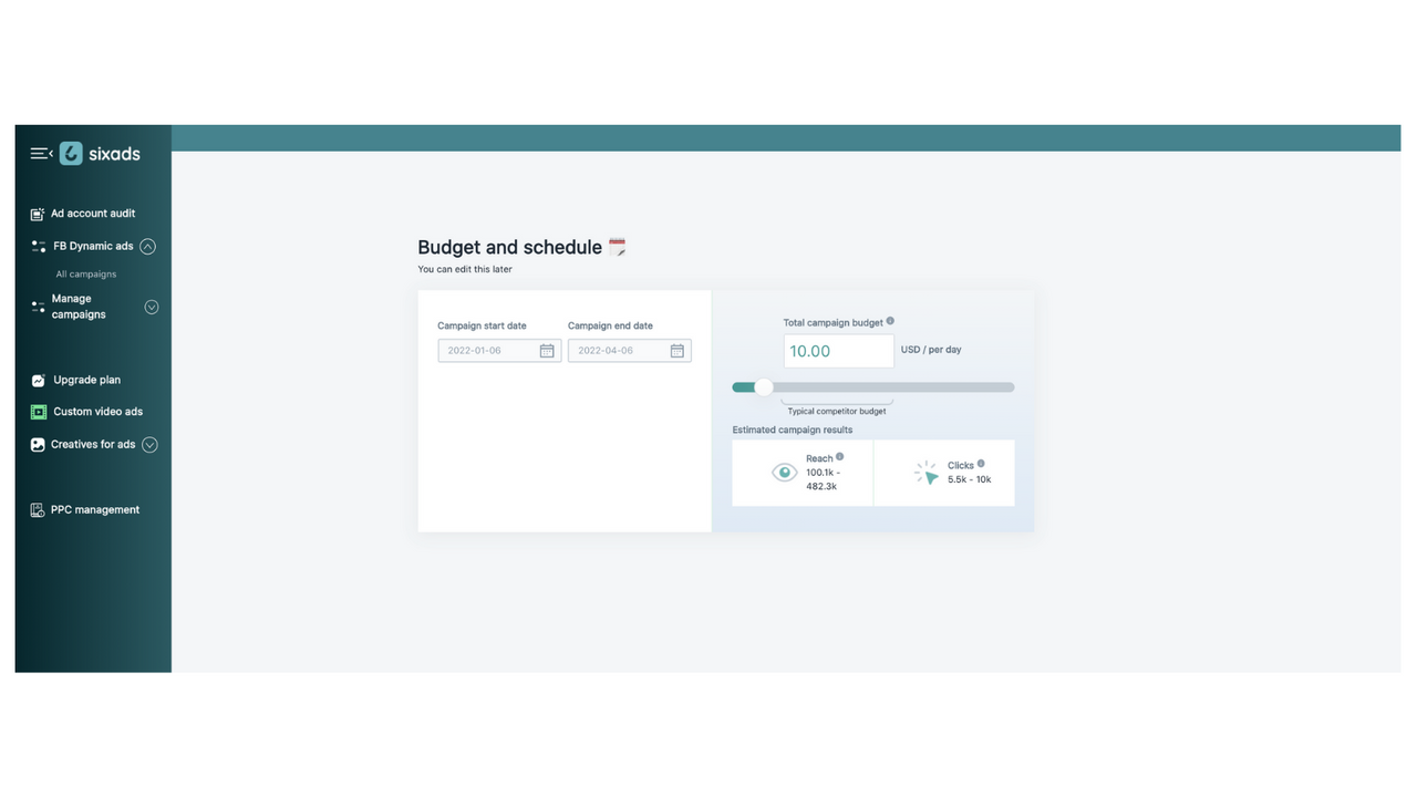 sixads facebook and google ads budget page