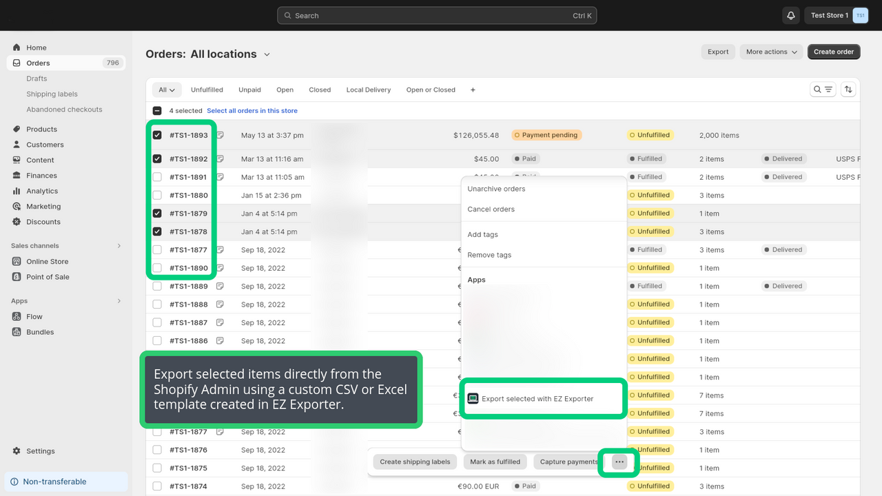 Export selected orders directly from the Shopify Admin.