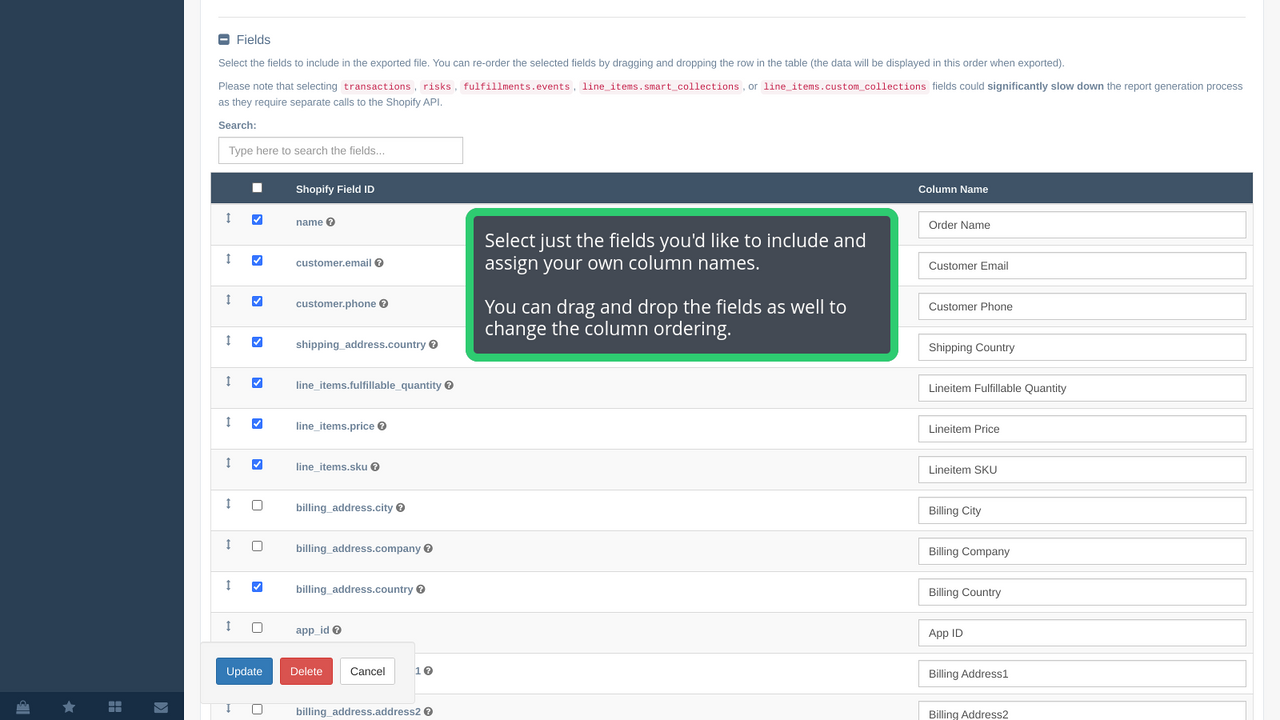 Select Shopify fields to include in the export.
