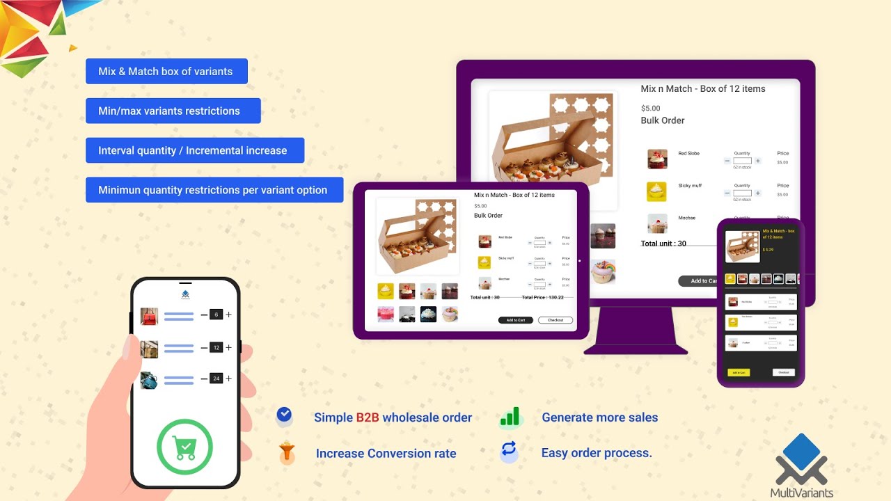 Streamline bulk ordering with variant bundles in a user-friendly grid layout.