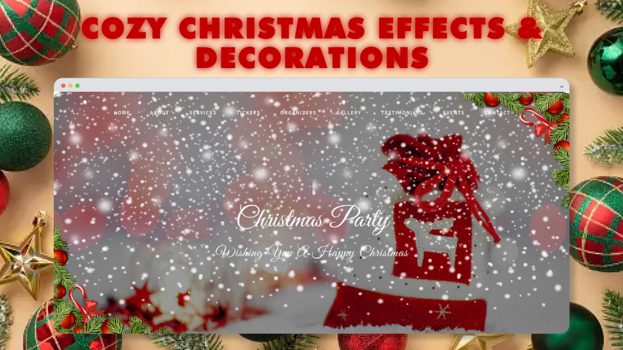 The falling snow effect and decorations in action