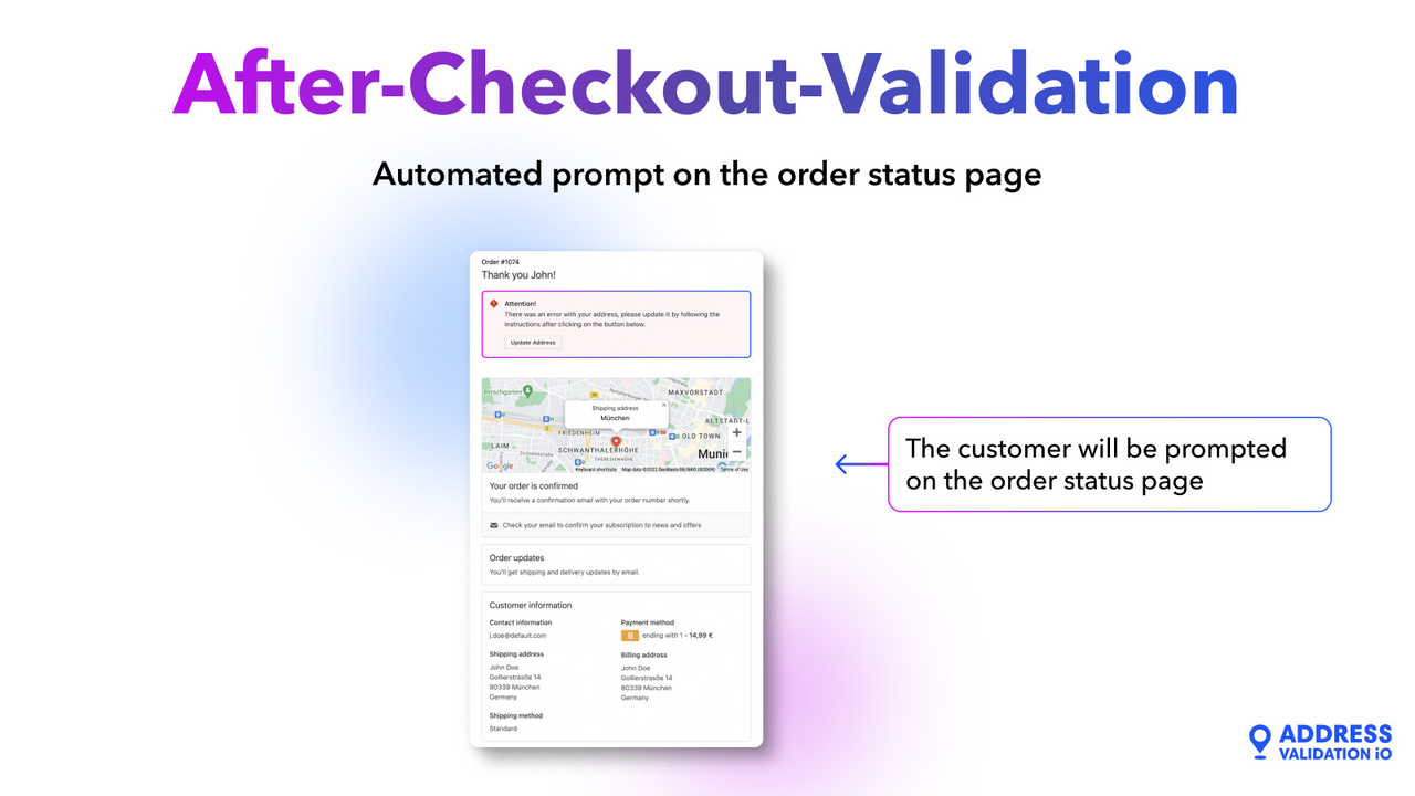 Order status page with address validation prompt