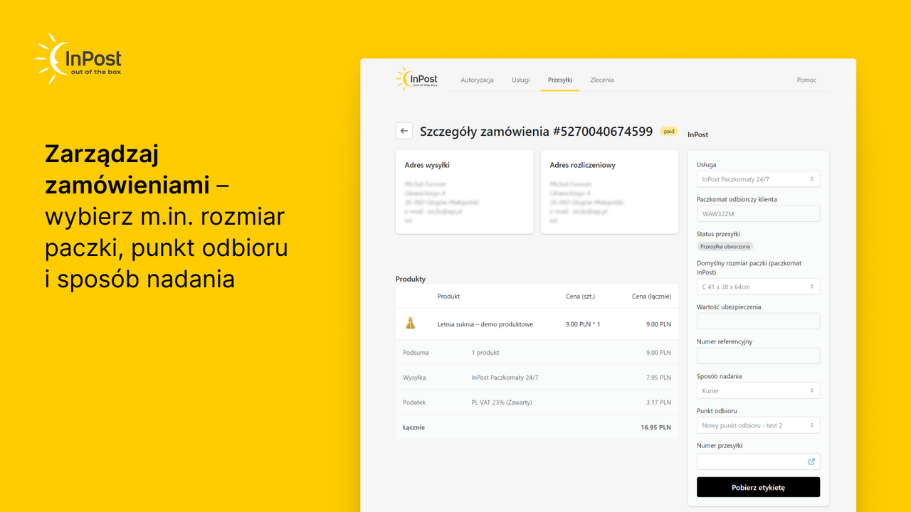 Zarządzaj zamówieniami - wybierz m.in. rozmiar paczki itp.