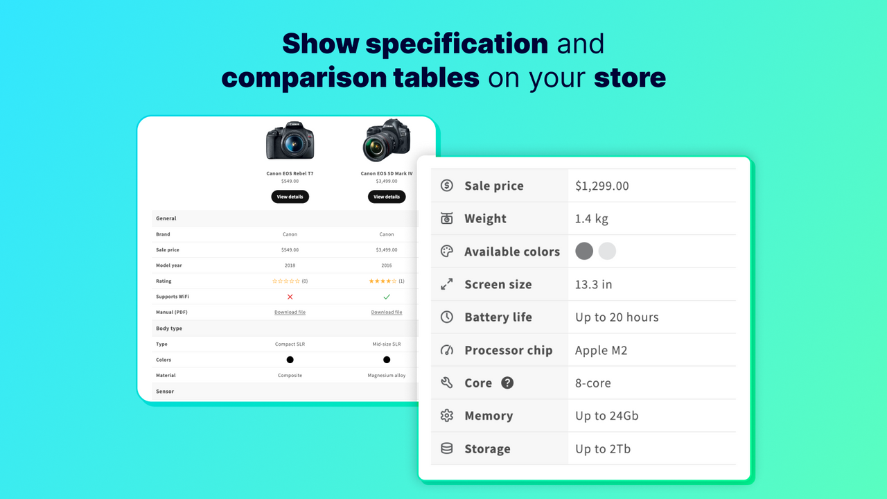 Show specification and comparison tables