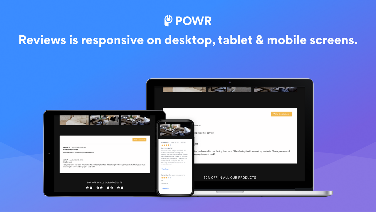 Product reviews are responsive on mobile, desktop and tablet.