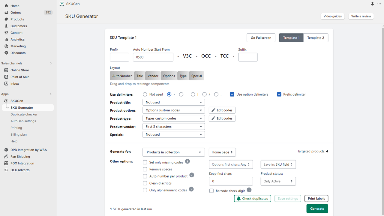 SKU generation page