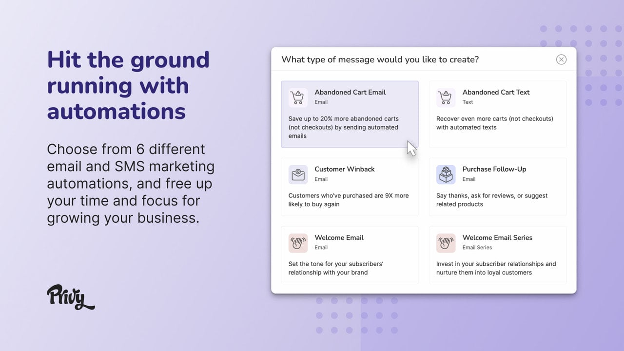 Choose from 6 different email and SMS marketing automations.