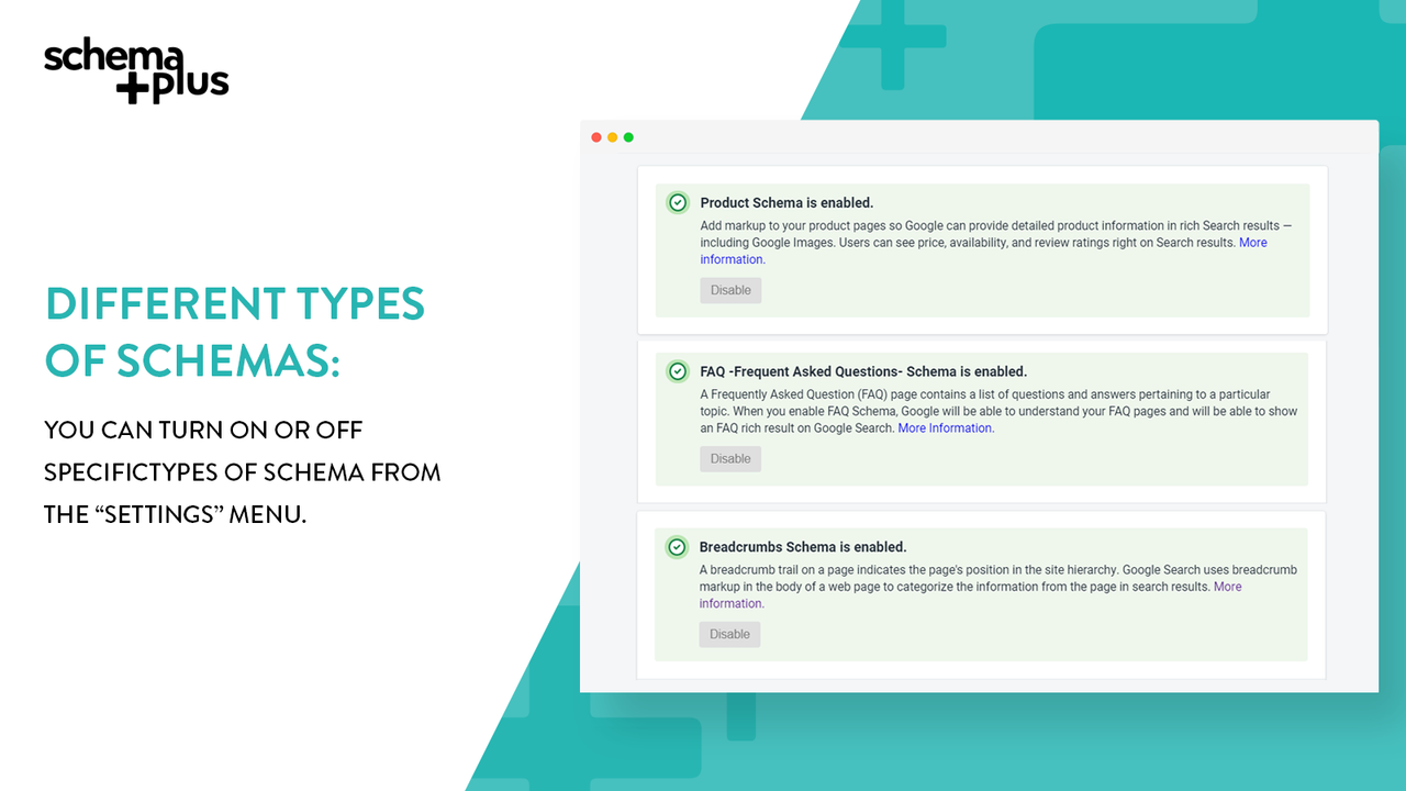 SchemaPlus has FAQ, Recipe, Breadcrumbs, Product schema.