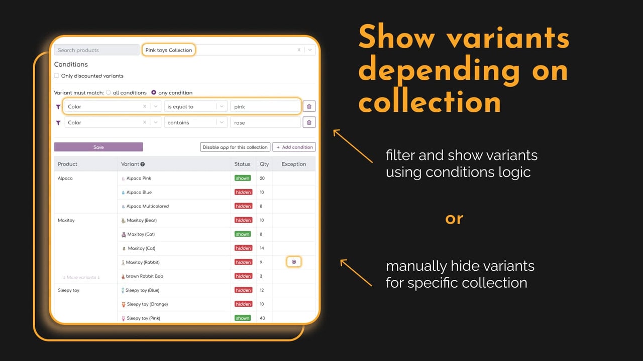 Show specific variants for selected collection – Hide variants