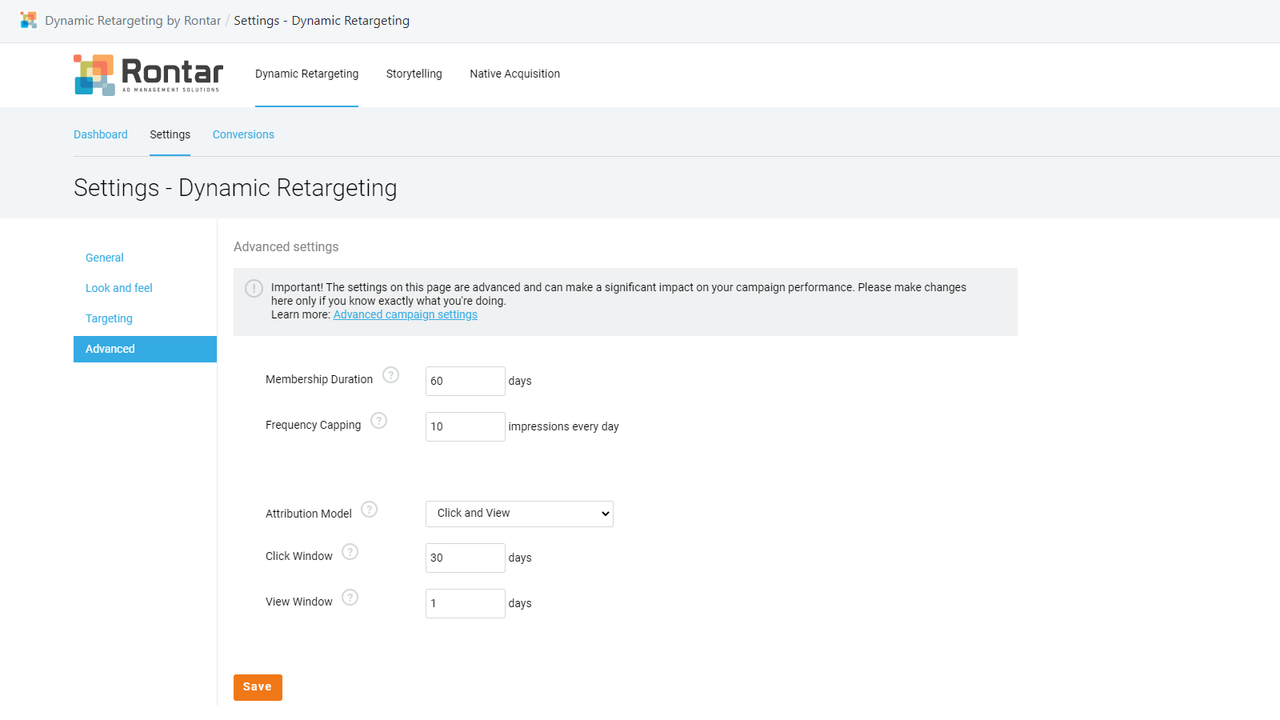 Rontar advanced settings page