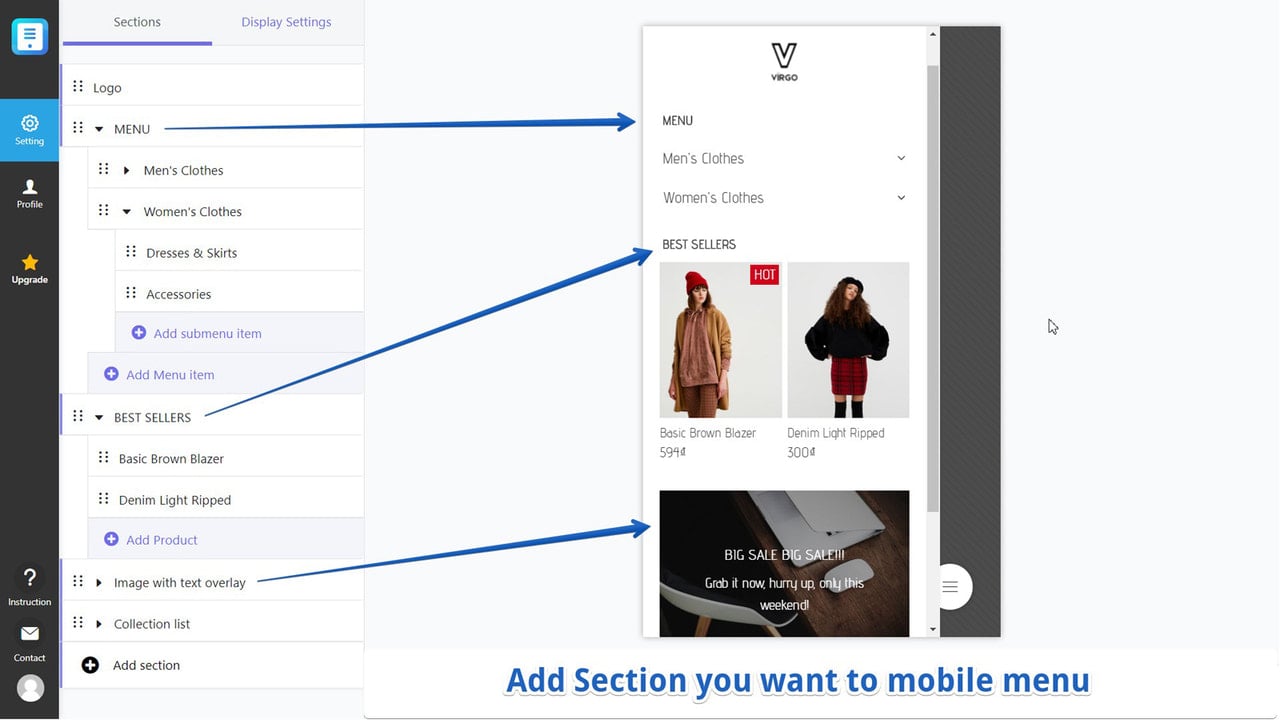 Easily add menu sections, products, images for mobile menu