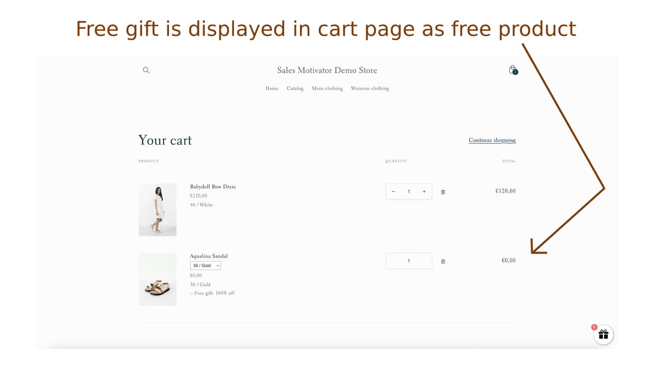 Free gifts are displayed in cart page as free products