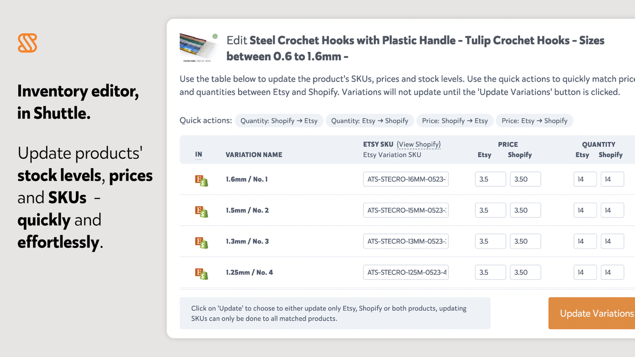 Easily update products' stock levels, prices and SKUs