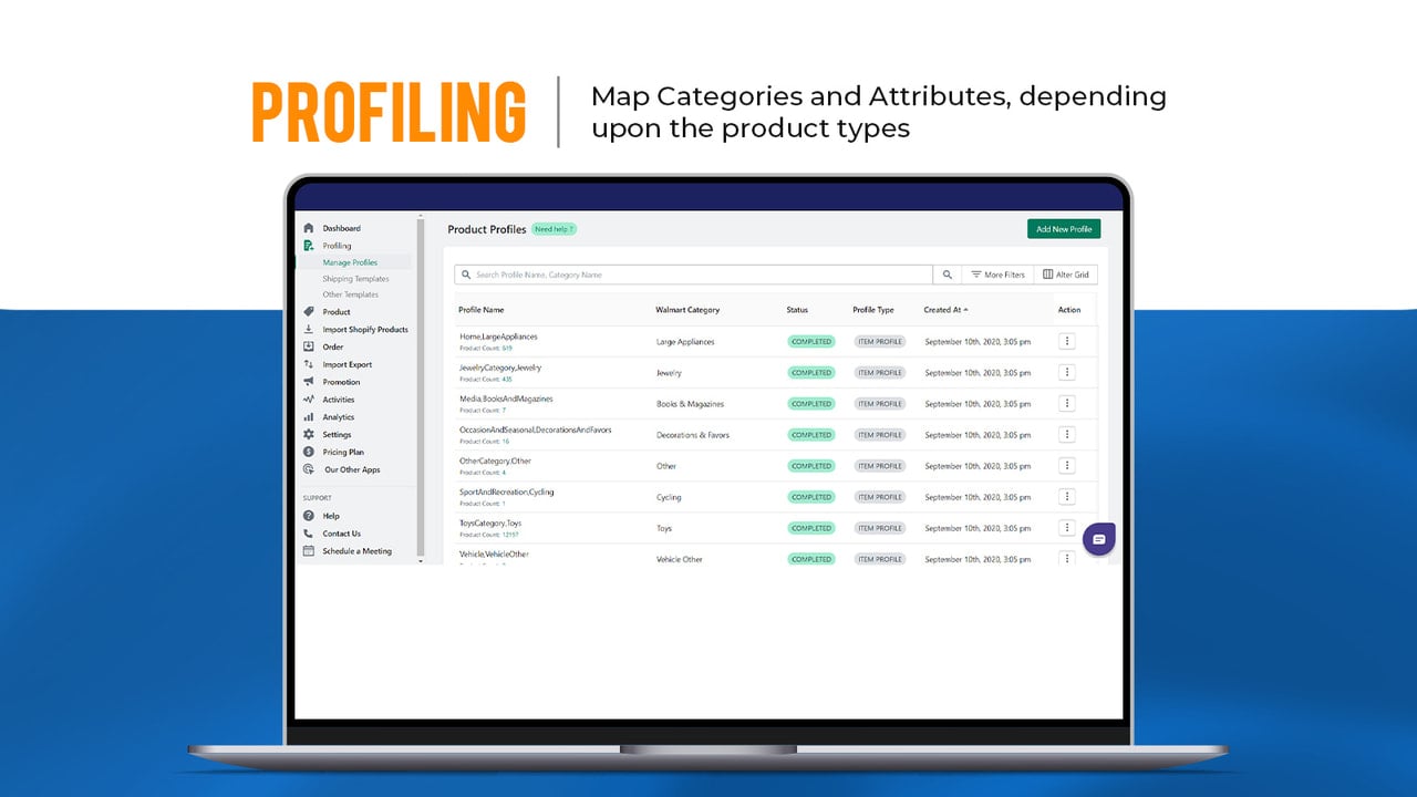 Create profile to manage products under one Walmart Category