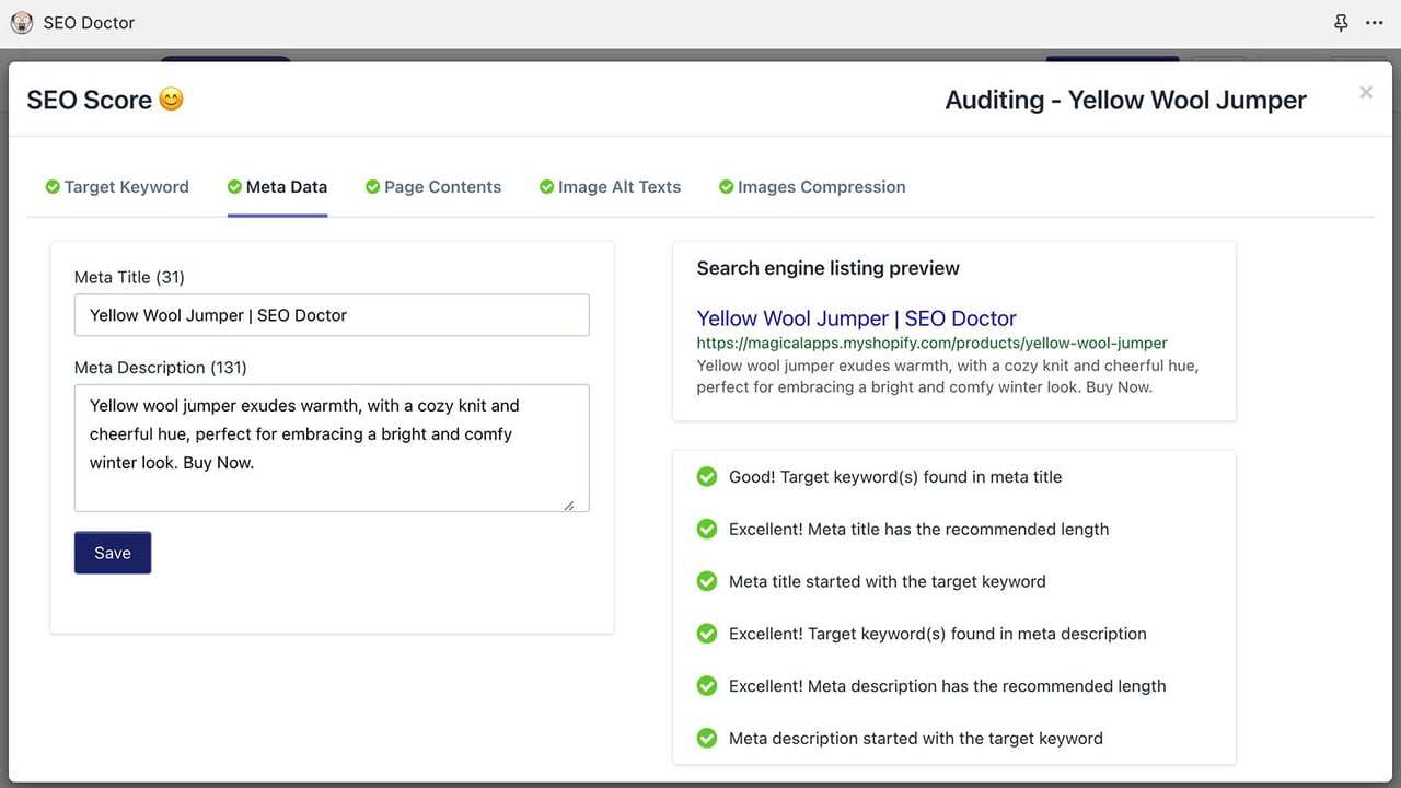 Tabbed interface for fixing seo issues on product