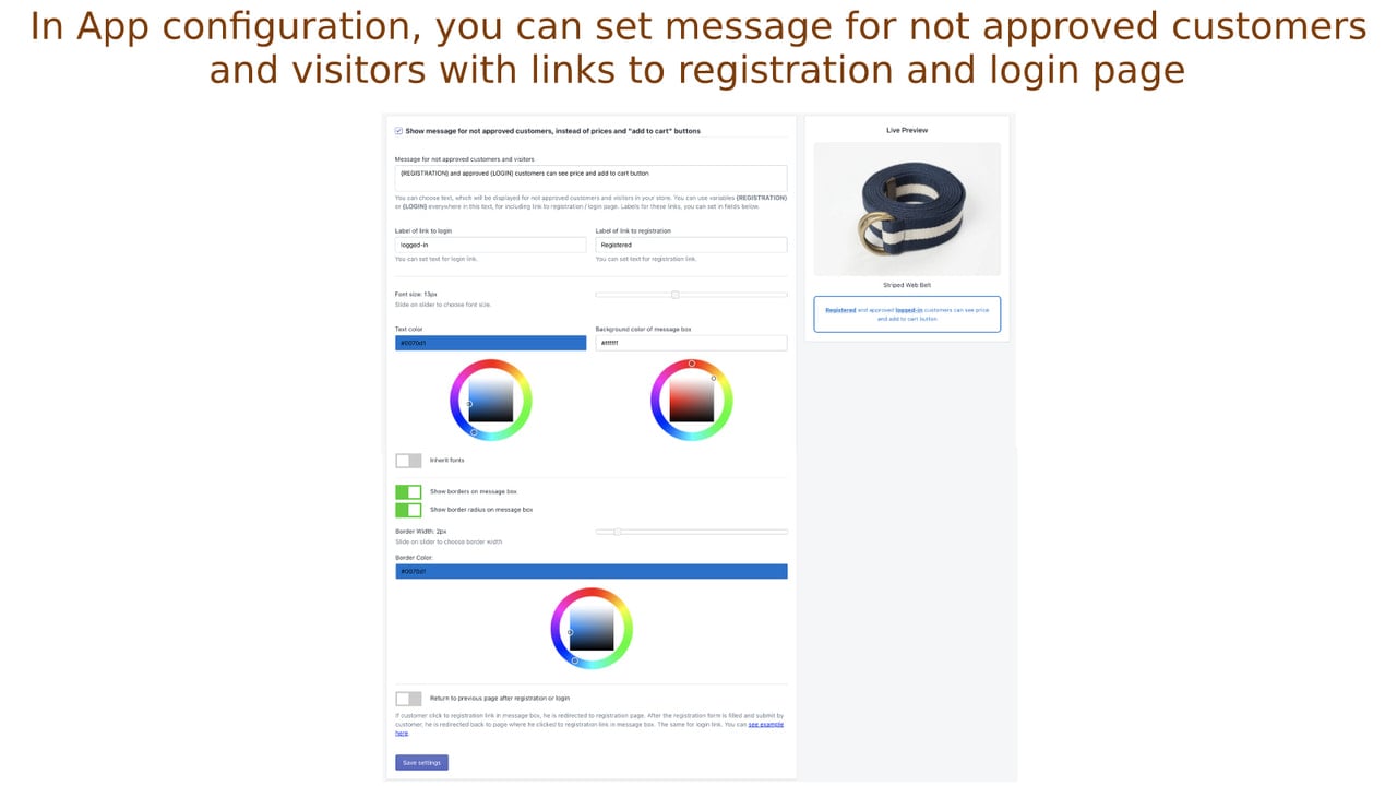 In App configuration, you can set message for not approved users