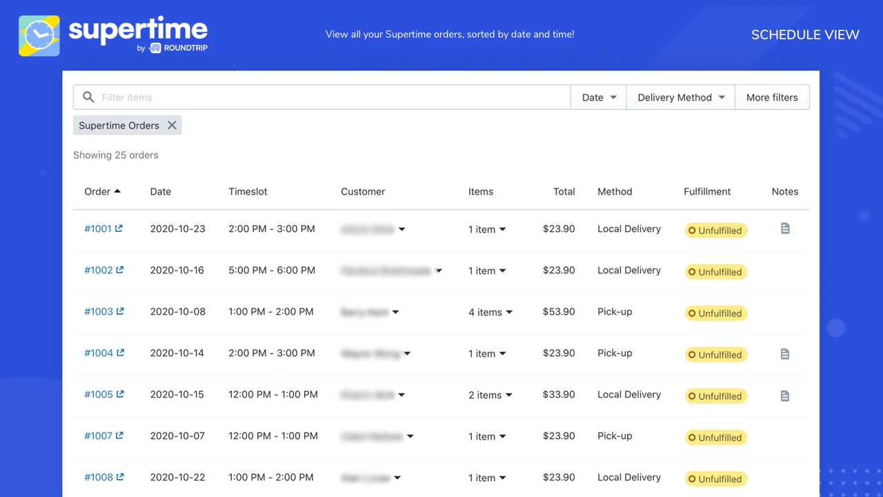 View all your Supertime orders, sorted by date and time!