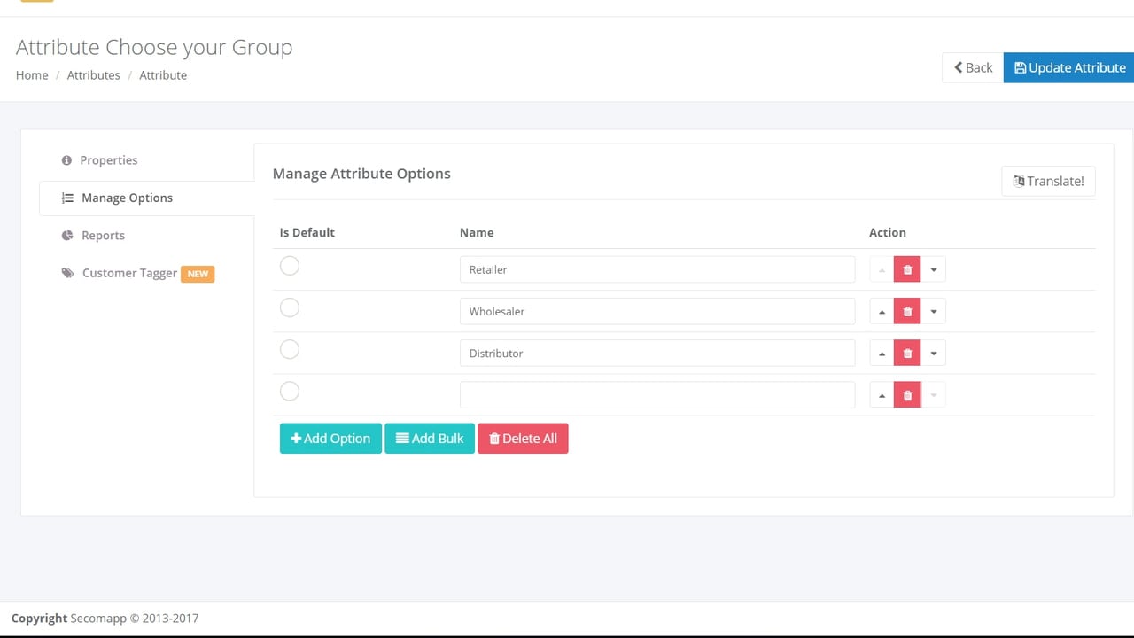 customer attribute options