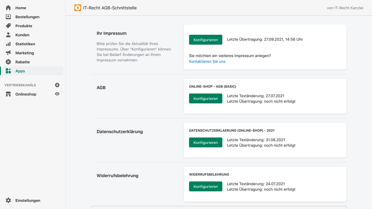 Dashboard mit Übertragungsstatus der Rechtstexte