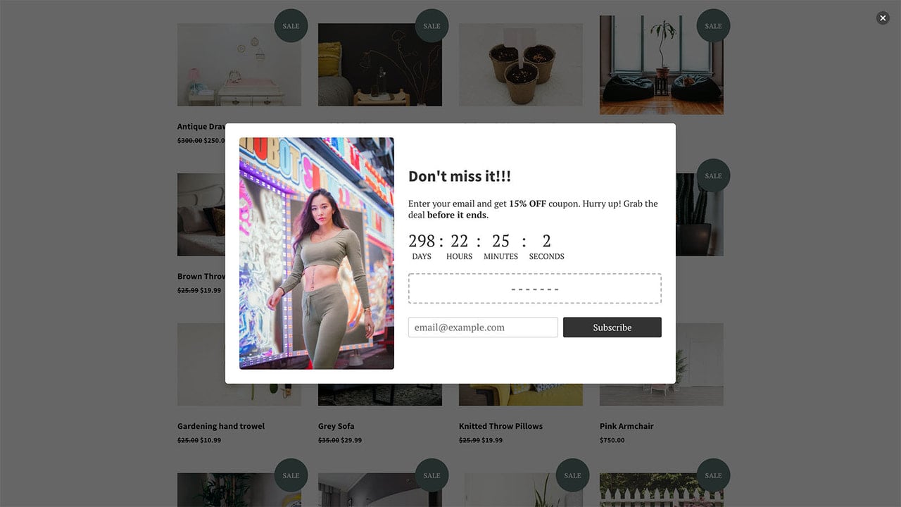 Big countdown discount subscription popup widget