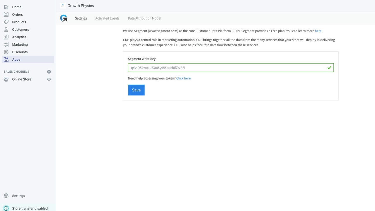 Simply enter your Segment key to enable Segment for your store