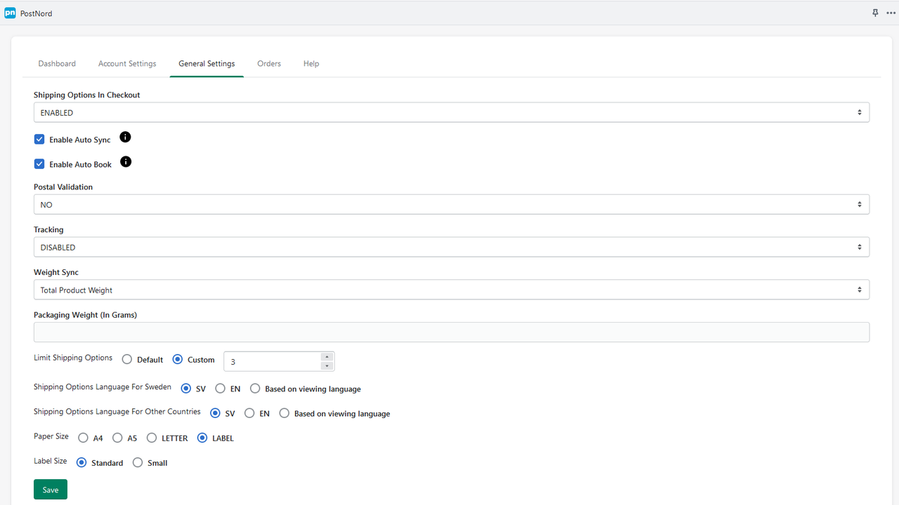 Shopify Postnord App General Settings