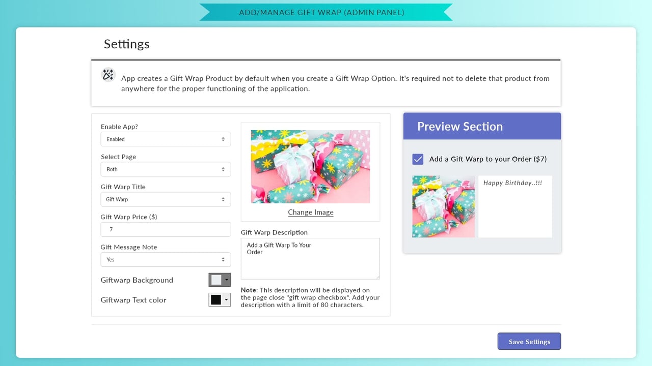 Zestard Gift Wrap Settings - Admin Panel