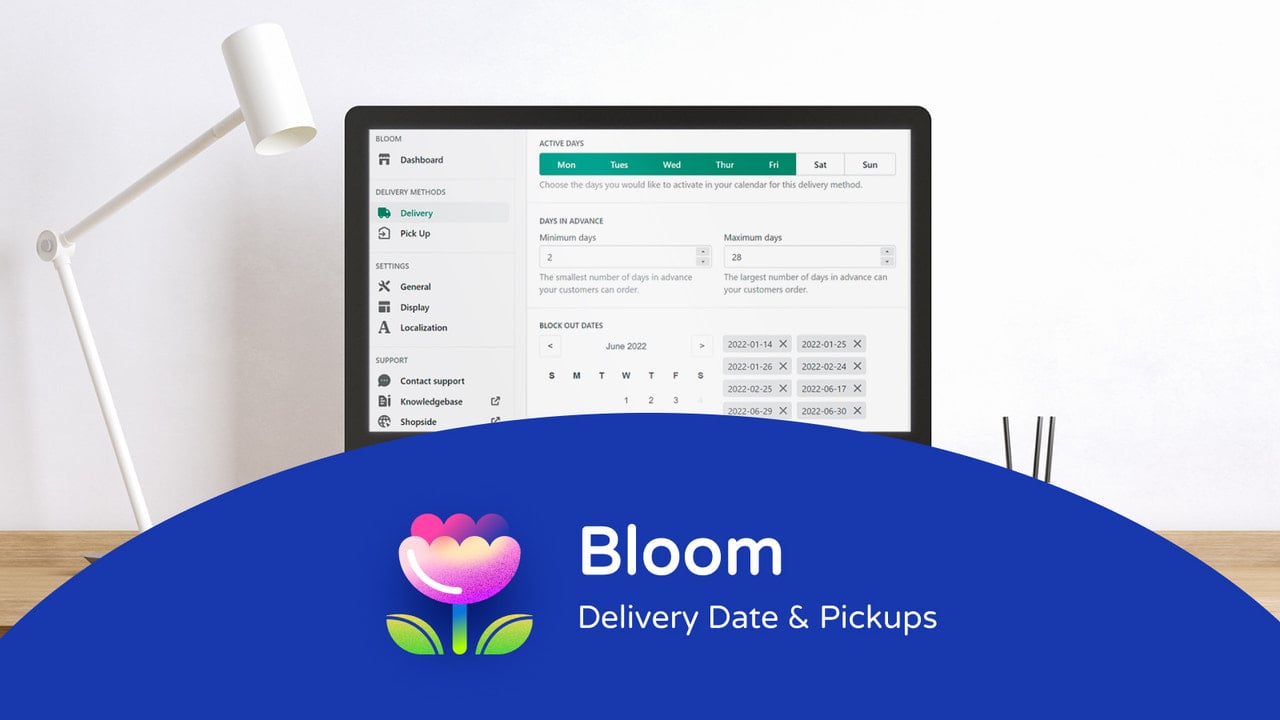 Bloom: Delivery Date & Pickups promotional banner image.