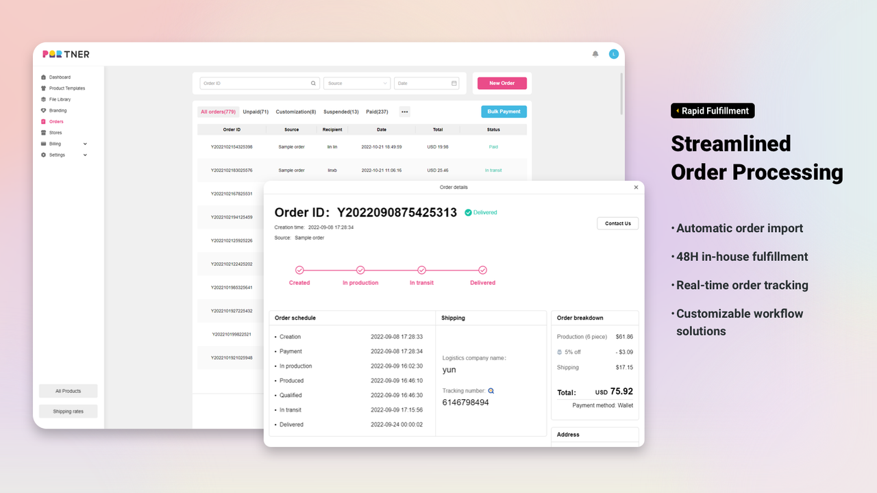 Automatic order import, fast fulfillment, real-time tracking