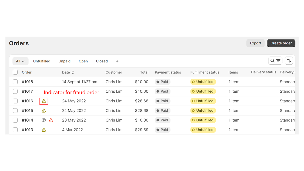 A quick glance of fraud indicator on orders listing page