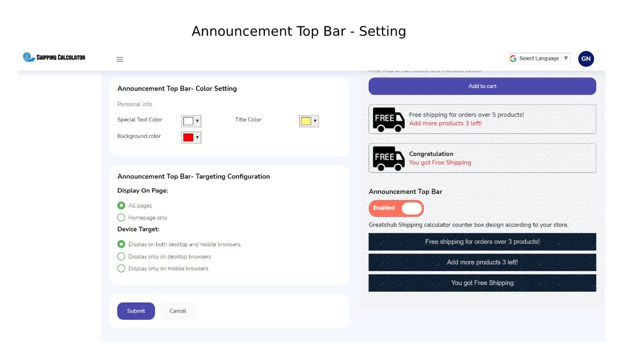 Announcement Top Bar - Setting, background color and background