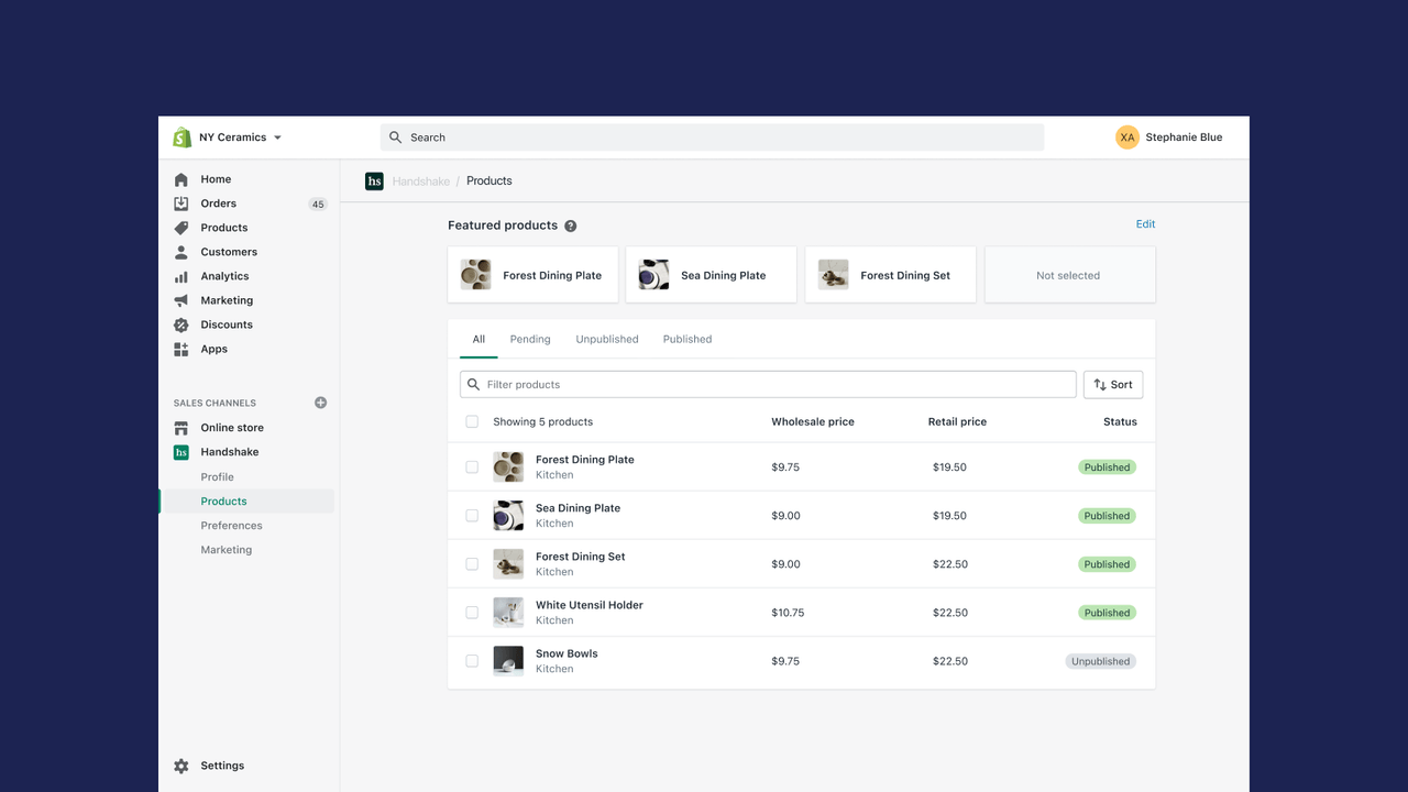 Handshake Product tab