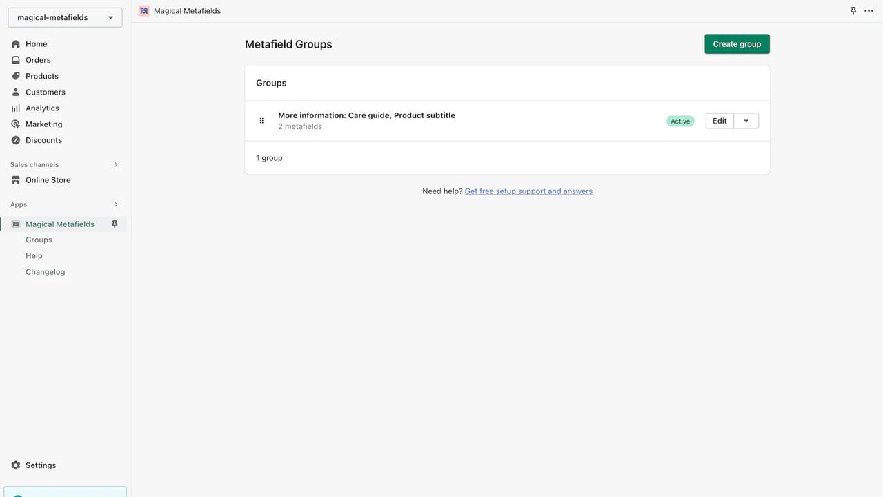 Magical Metafields groups overview screen