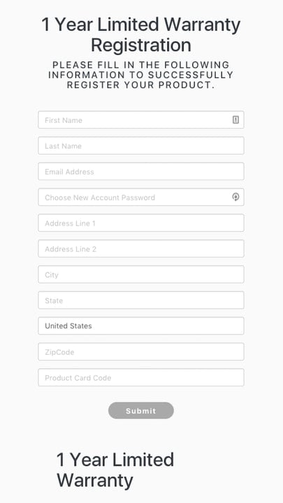 Mobile view of warranty registration