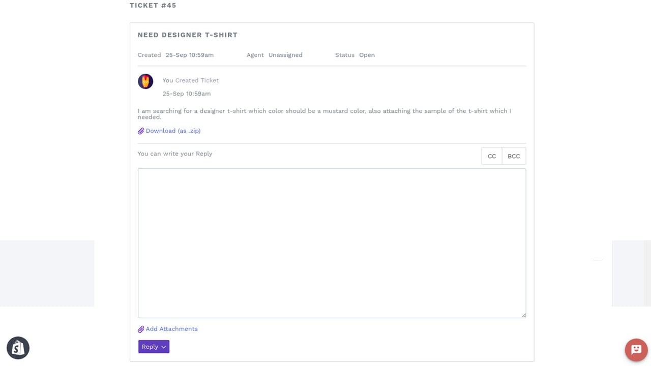 Shopify Helpdesk Customer Inner Ticket View